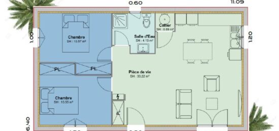 Plan de maison Surface terrain 59.3 m2 - 3 pièces - 2  chambres -  sans garage 