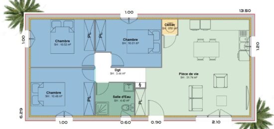 Plan de maison Surface terrain 71.4 m2 - 4 pièces - 3  chambres -  sans garage 